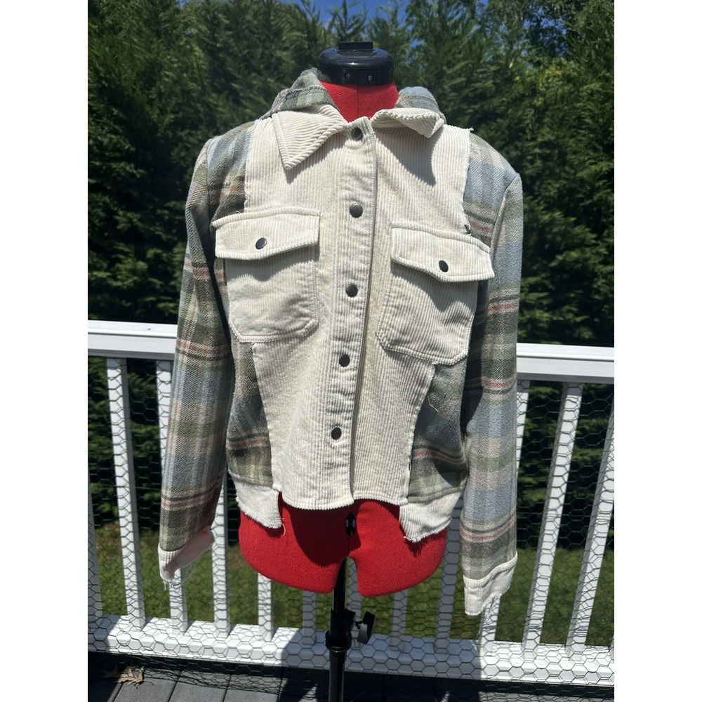 Mystree Plaid Hooded Shirt Jacket Grunge Snap/Button Front Beige Green S